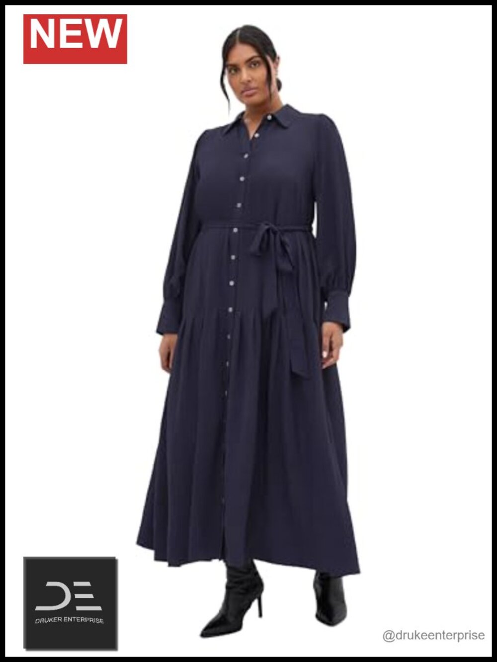 Plus Size Collared Neck Pleated Drop Waist Maxi Dress Long Sleeve Casual